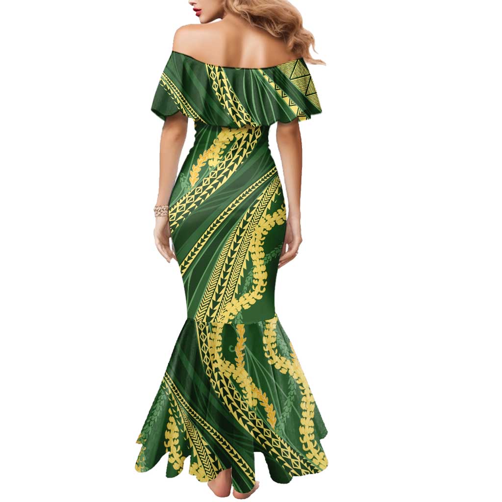 Polynesian Puakeniken Pikake Twisted Lei Family Matching Mermaid Dress and Hawaiian Shirt Emerald - Polynesian Pride