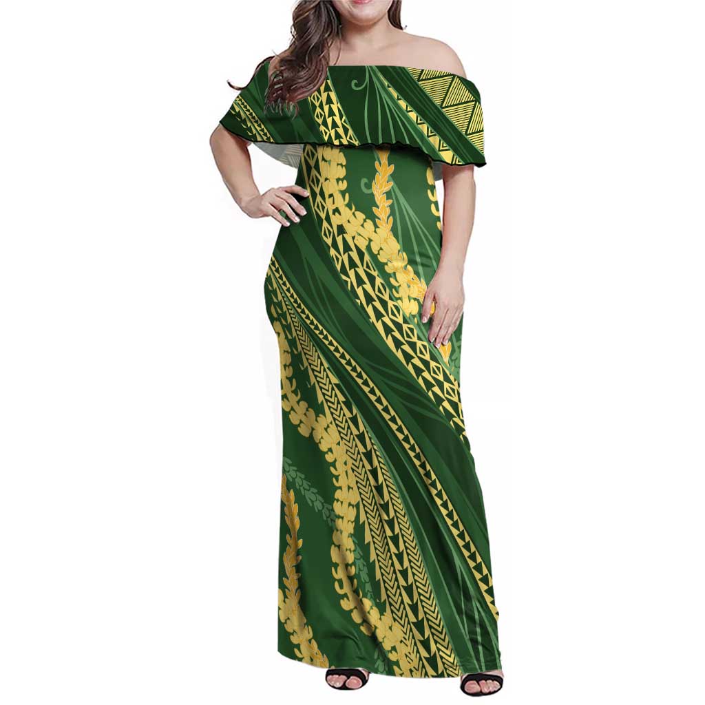Polynesian Puakeniken Pikake Twisted Lei Family Matching Off Shoulder Maxi Dress and Hawaiian Shirt Emerald - Polynesian Pride