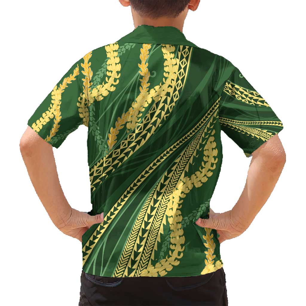 Polynesian Puakeniken Pikake Twisted Lei Family Matching Off Shoulder Short Dress and Hawaiian Shirt Emerald - Polynesian Pride