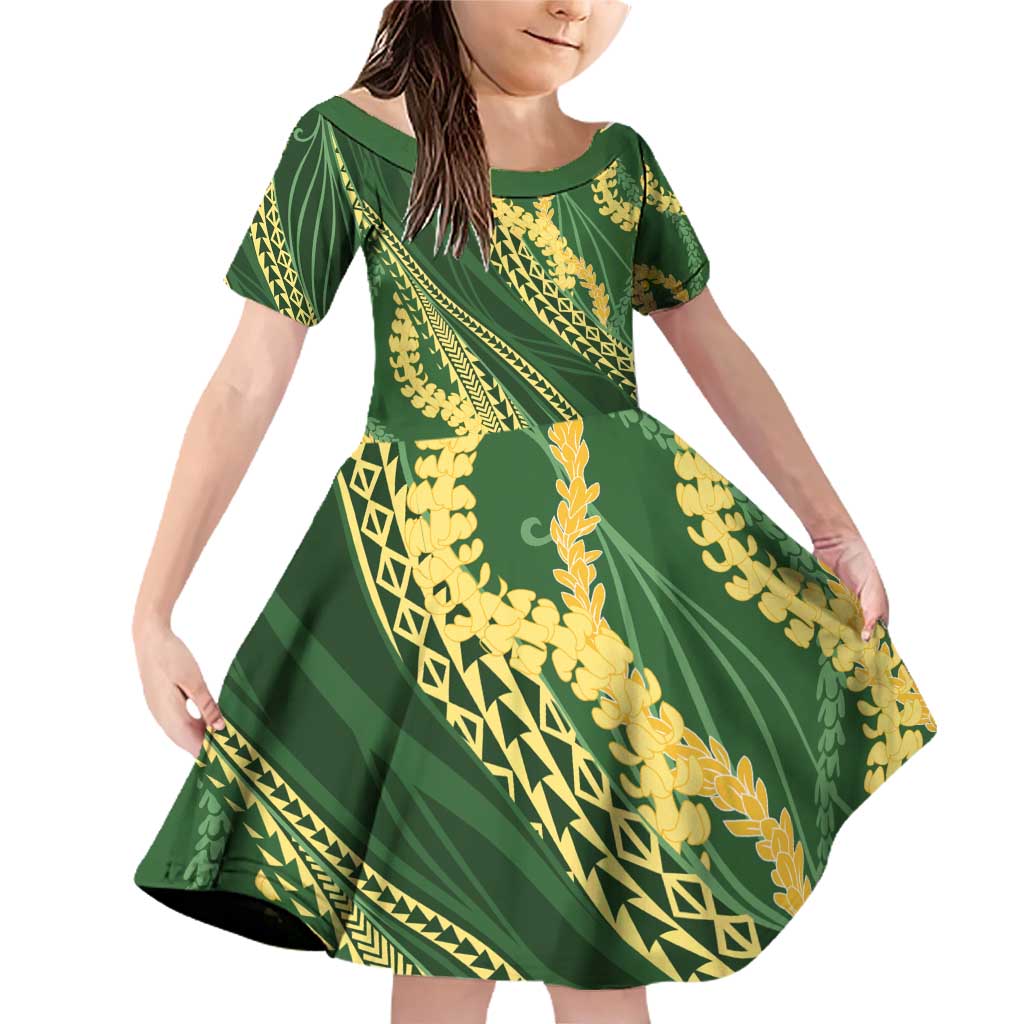 Polynesian Puakeniken Pikake Twisted Lei Family Matching Off Shoulder Short Dress and Hawaiian Shirt Emerald - Polynesian Pride