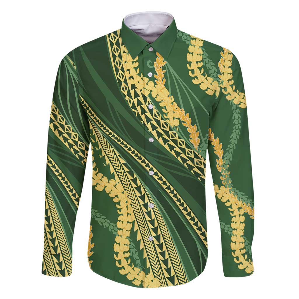 Polynesian Puakeniken Pikake Twisted Lei Family Matching Off Shoulder Short Dress and Hawaiian Shirt Emerald - Polynesian Pride