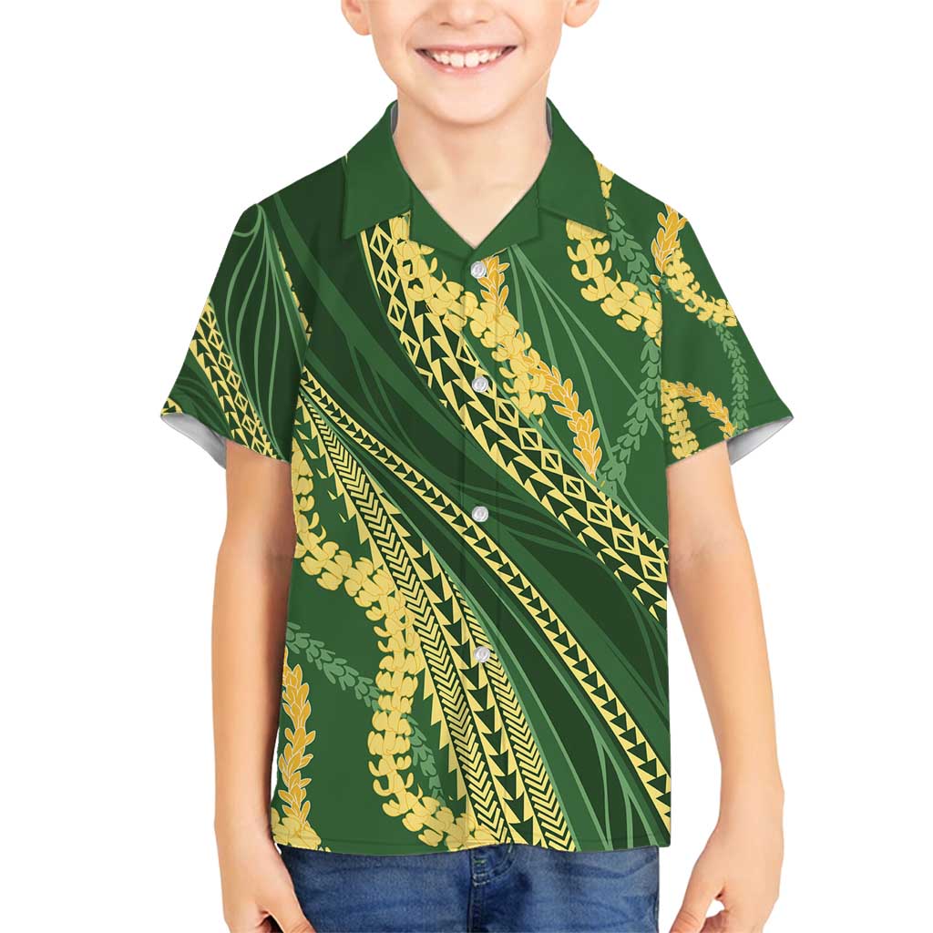 Polynesian Puakeniken Pikake Twisted Lei Family Matching Off Shoulder Short Dress and Hawaiian Shirt Emerald - Polynesian Pride