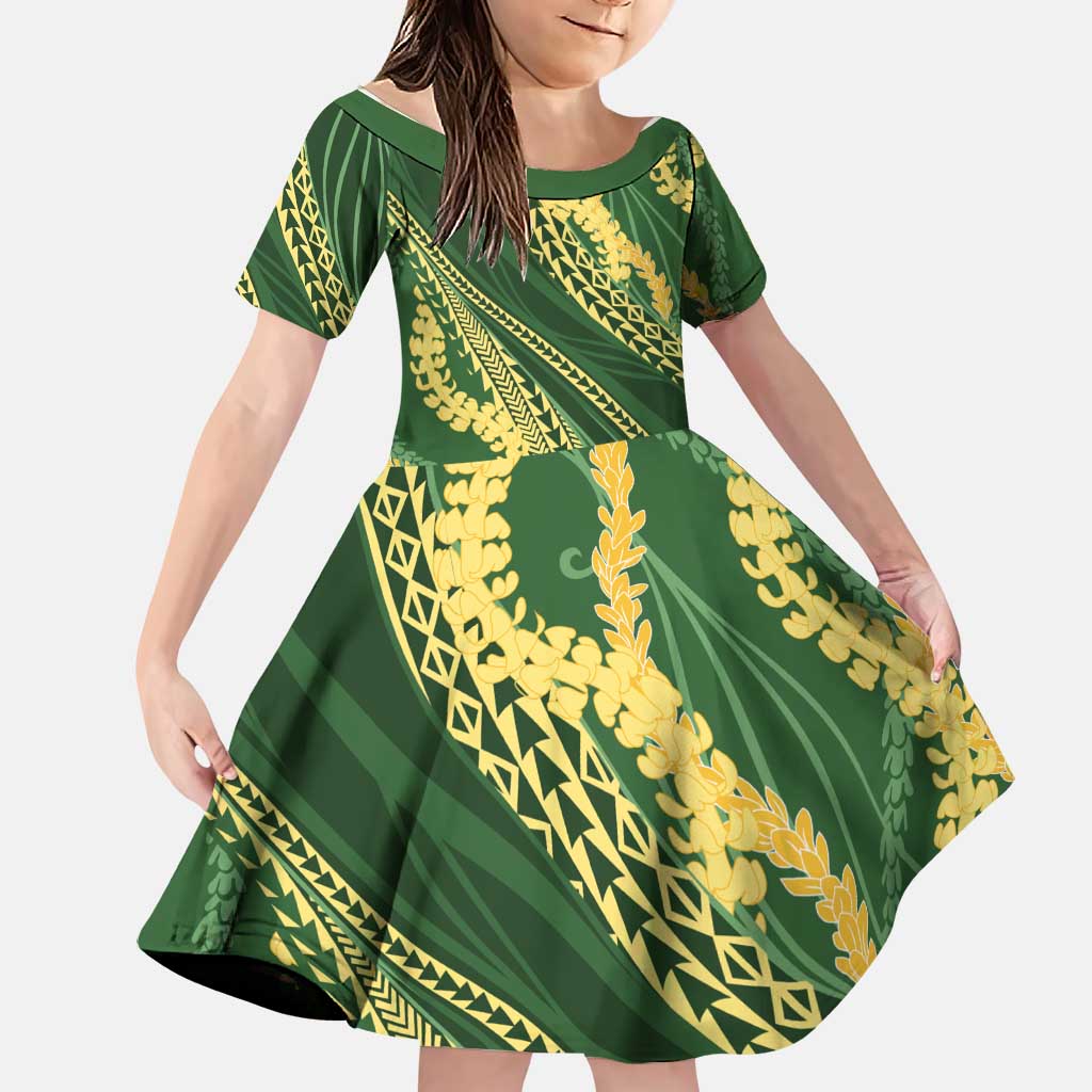 Polynesian Puakeniken Pikake Twisted Lei Family Matching Puletasi and Hawaiian Shirt Emerald LT7 Daughter's Dress Emerald - Polynesian Pride