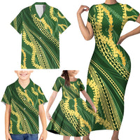 Polynesian Puakeniken Pikake Twisted Lei Family Matching Short Sleeve Bodycon Dress and Hawaiian Shirt Emerald - Polynesian Pride