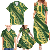 Polynesian Puakeniken Pikake Twisted Lei Family Matching Summer Maxi Dress and Hawaiian Shirt Emerald - Polynesian Pride