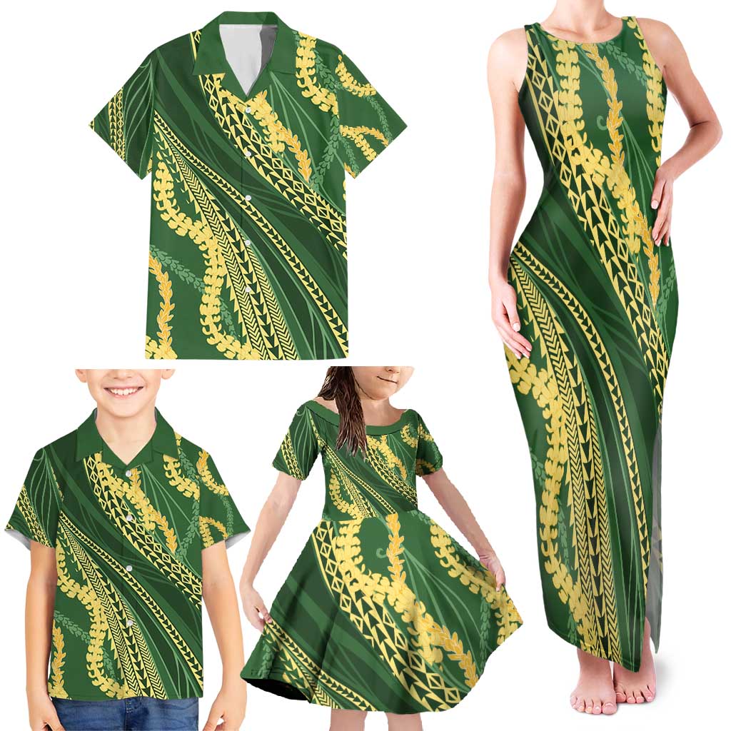 Polynesian Puakeniken Pikake Twisted Lei Family Matching Tank Maxi Dress and Hawaiian Shirt Emerald - Polynesian Pride