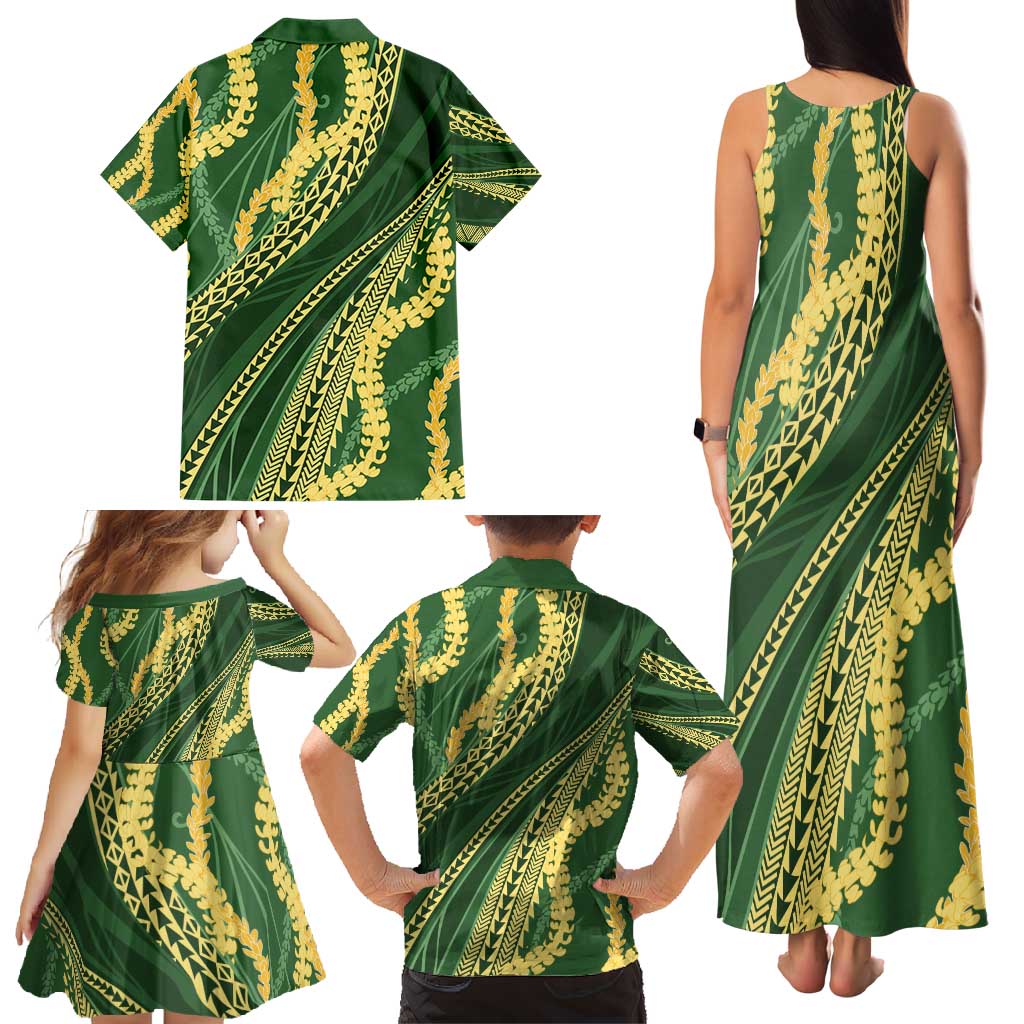 Polynesian Puakeniken Pikake Twisted Lei Family Matching Tank Maxi Dress and Hawaiian Shirt Emerald - Polynesian Pride
