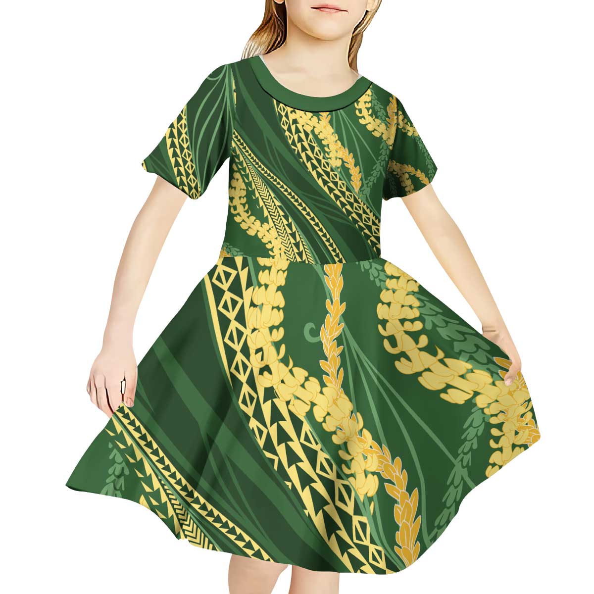 Polynesian Puakeniken Pikake Twisted Lei Kid Short Sleeve Dress Emerald - Polynesian Pride