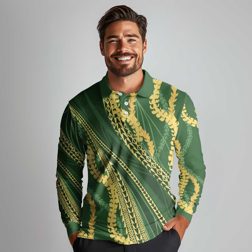 Polynesian Puakeniken Pikake Twisted Lei Long Sleeve Polo Shirt Emerald - Polynesian Pride