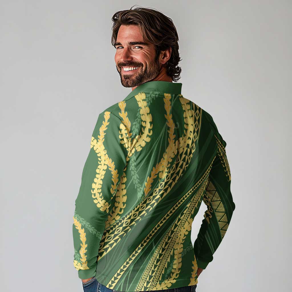 Polynesian Puakeniken Pikake Twisted Lei Long Sleeve Polo Shirt Emerald - Polynesian Pride