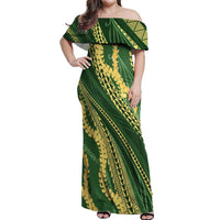 Polynesian Puakeniken Pikake Twisted Lei Off Shoulder Maxi Dress Emerald - Polynesian Pride