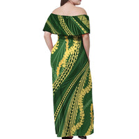 Polynesian Puakeniken Pikake Twisted Lei Off Shoulder Maxi Dress Emerald - Polynesian Pride