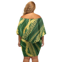 Polynesian Puakeniken Pikake Twisted Lei Off Shoulder Short Dress Emerald - Polynesian Pride