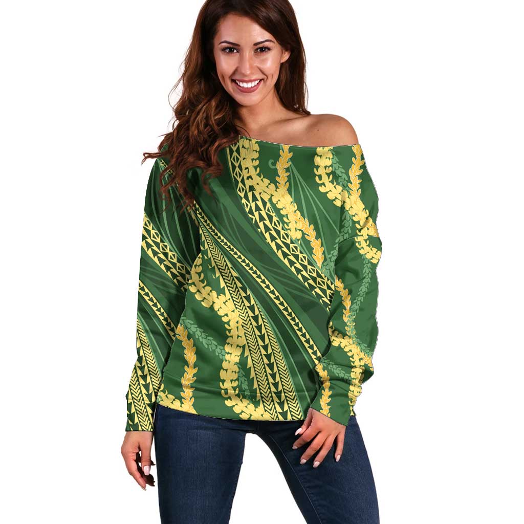 Polynesian Puakeniken Pikake Twisted Lei Off Shoulder Sweater Emerald LT7 Women Emerald - Polynesian Pride