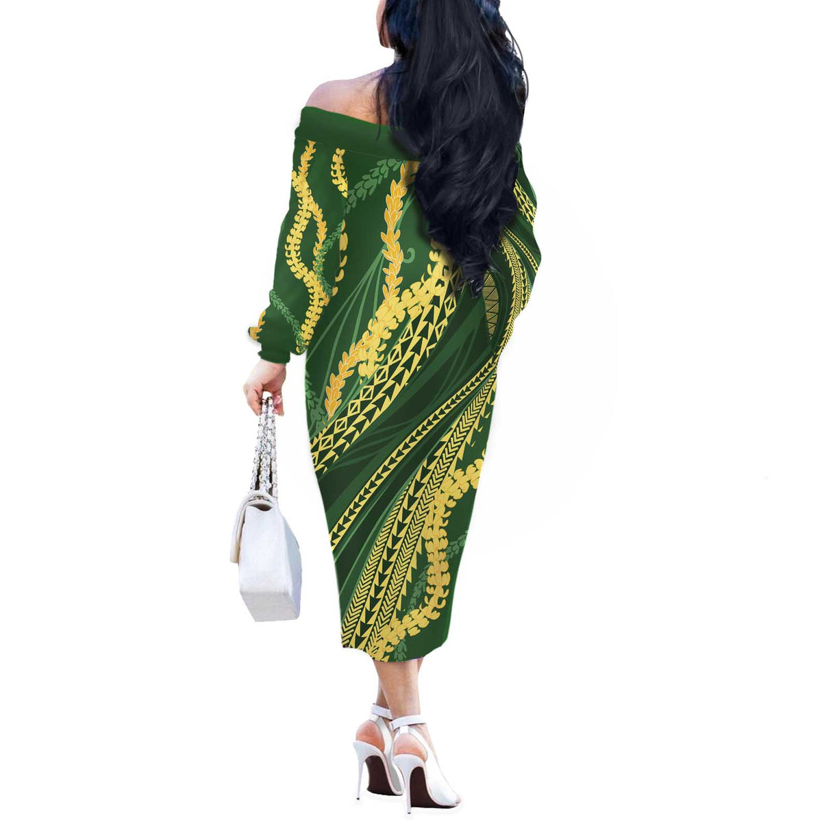 Polynesian Puakeniken Pikake Twisted Lei Off The Shoulder Long Sleeve Dress Emerald - Polynesian Pride