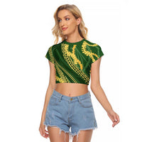 Polynesian Puakeniken Pikake Twisted Lei Raglan Cropped T Shirt Emerald - Polynesian Pride