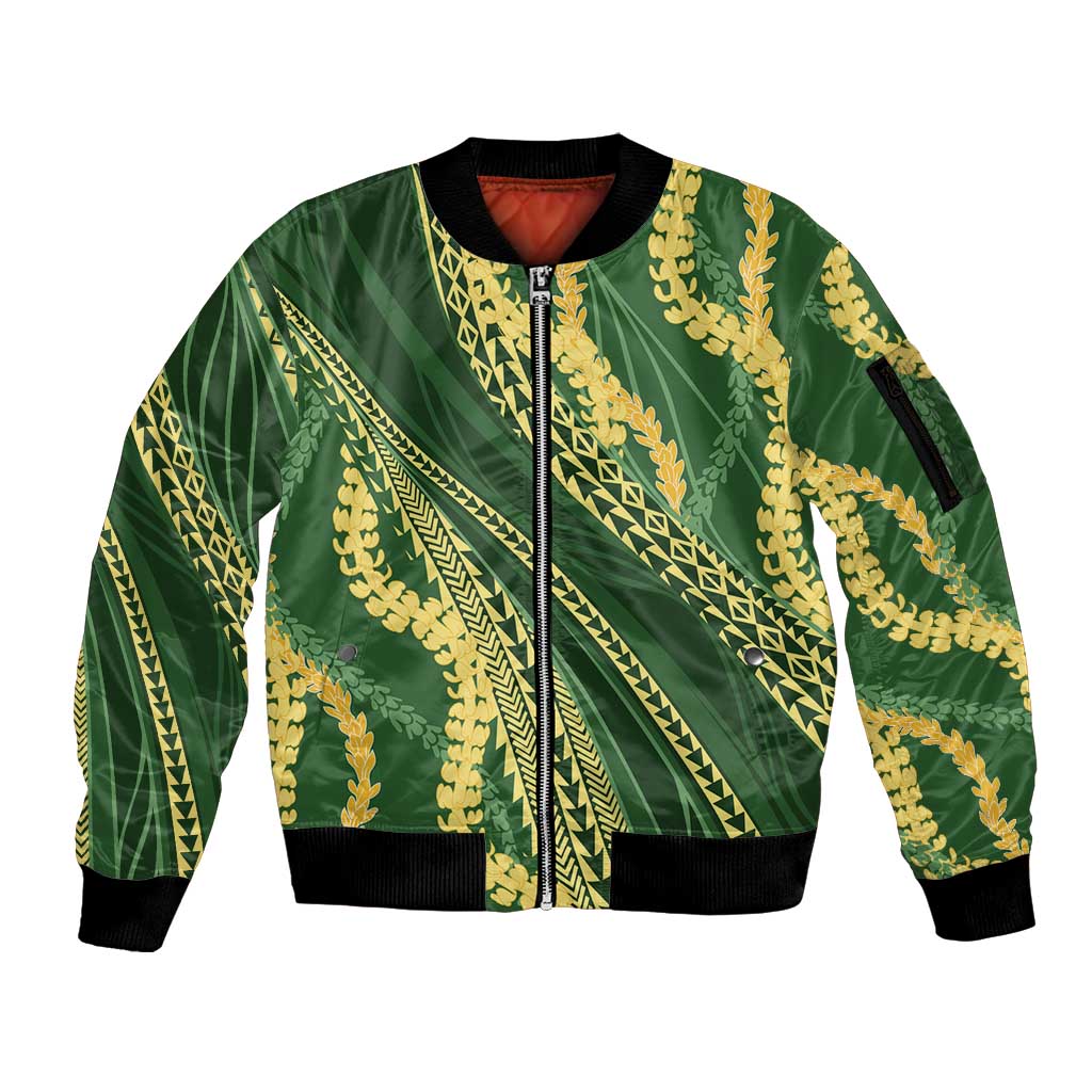 Polynesian Puakeniken Pikake Twisted Lei Sleeve Zip Bomber Jacket Emerald - Polynesian Pride