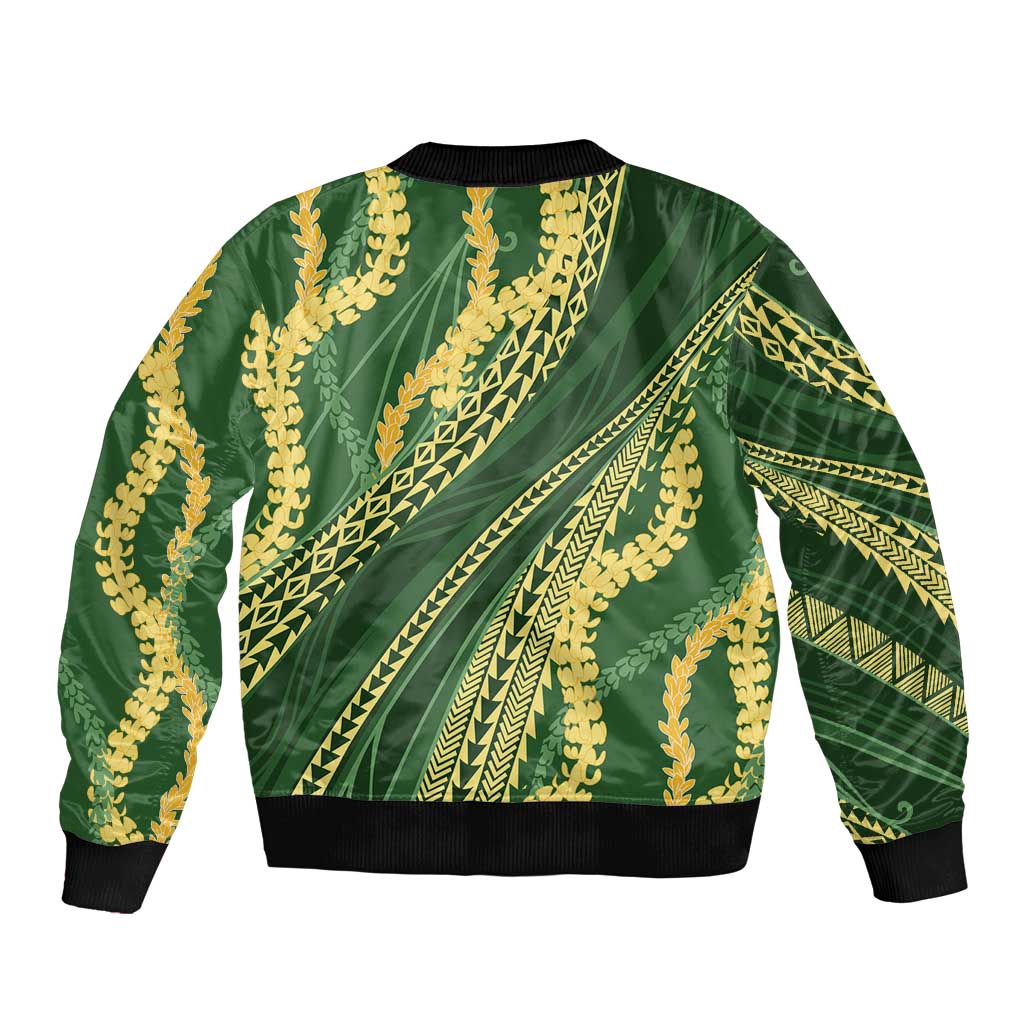 Polynesian Puakeniken Pikake Twisted Lei Sleeve Zip Bomber Jacket Emerald - Polynesian Pride
