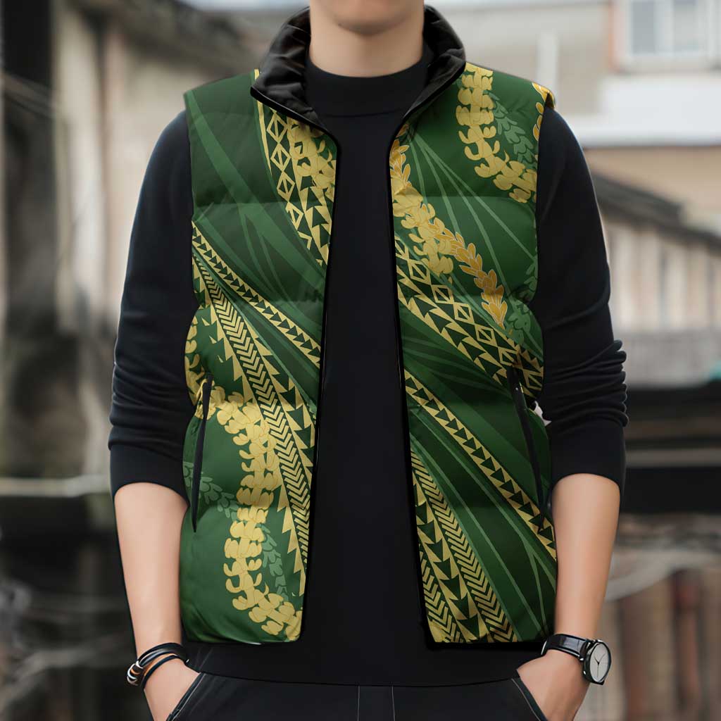 Polynesian Puakeniken Pikake Twisted Lei Sleeveless Puffer Jacket Emerald - Polynesian Pride