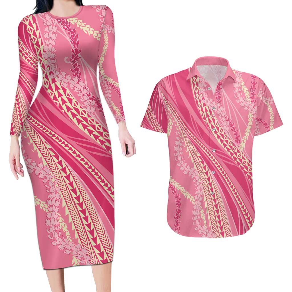 Polynesian Puakeniken Pikake Twisted Lei Couples Matching Long Sleeve Bodycon Dress and Hawaiian Shirt Rose Pink - Polynesian Pride