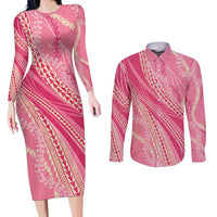 Polynesian Puakeniken Pikake Twisted Lei Couples Matching Long Sleeve Bodycon Dress and Long Sleeve Button Shirt Rose Pink - Polynesian Pride