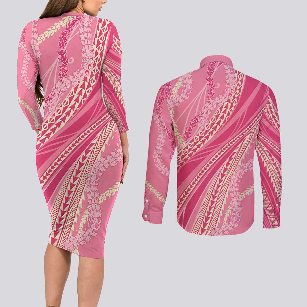Polynesian Puakeniken Pikake Twisted Lei Couples Matching Long Sleeve Bodycon Dress and Long Sleeve Button Shirt Rose Pink - Polynesian Pride