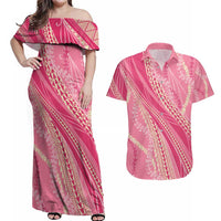 Polynesian Puakeniken Pikake Twisted Lei Couples Matching Off Shoulder Maxi Dress and Hawaiian Shirt Rose Pink - Polynesian Pride