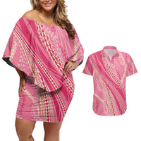 Polynesian Puakeniken Pikake Twisted Lei Couples Matching Off Shoulder Short Dress and Hawaiian Shirt Rose Pink - Polynesian Pride