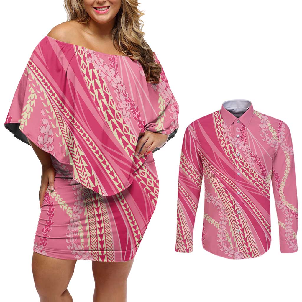 Polynesian Puakeniken Pikake Twisted Lei Couples Matching Off Shoulder Short Dress and Long Sleeve Button Shirt Rose Pink - Polynesian Pride