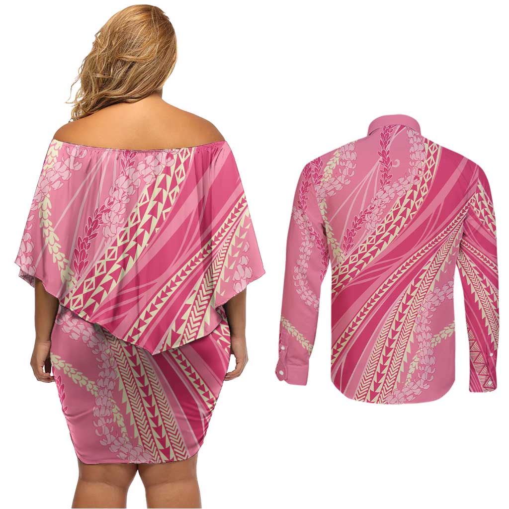 Polynesian Puakeniken Pikake Twisted Lei Couples Matching Off Shoulder Short Dress and Long Sleeve Button Shirt Rose Pink - Polynesian Pride