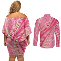 Polynesian Puakeniken Pikake Twisted Lei Couples Matching Off Shoulder Short Dress and Long Sleeve Button Shirt Rose Pink - Polynesian Pride