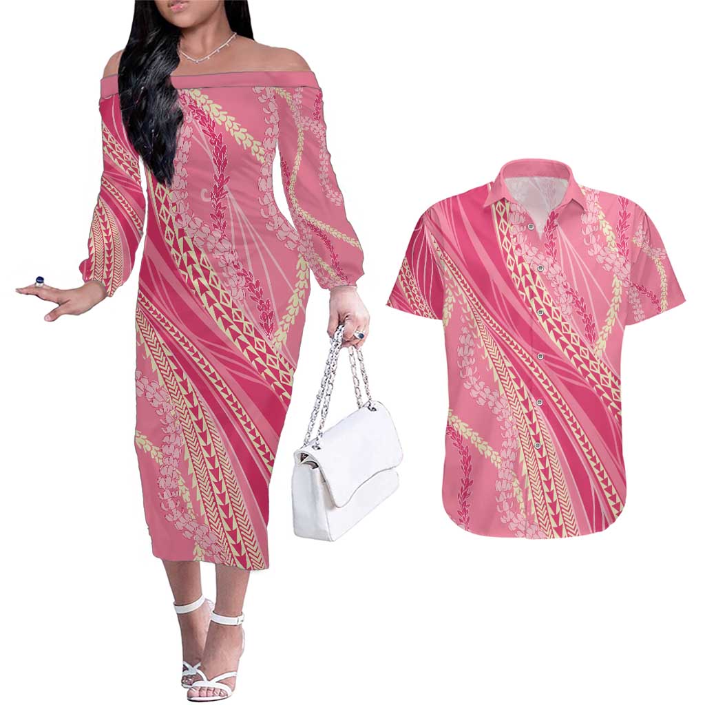 Polynesian Puakeniken Pikake Twisted Lei Couples Matching Off The Shoulder Long Sleeve Dress and Hawaiian Shirt Rose Pink - Polynesian Pride