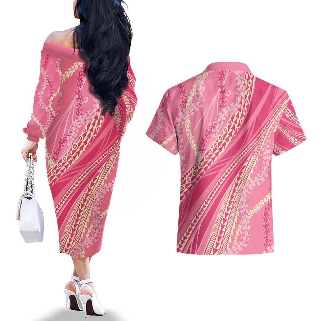 Polynesian Puakeniken Pikake Twisted Lei Couples Matching Off The Shoulder Long Sleeve Dress and Hawaiian Shirt Rose Pink - Polynesian Pride