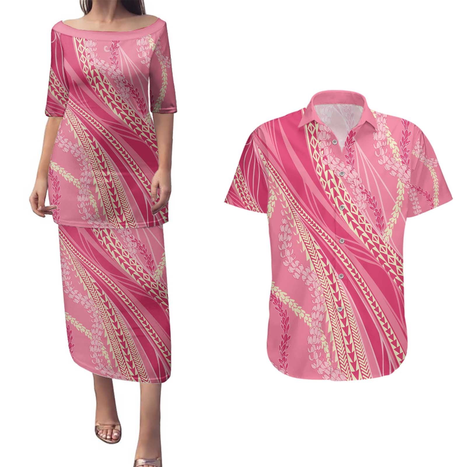 Polynesian Puakeniken Pikake Twisted Lei Couples Matching Puletasi and Hawaiian Shirt Rose Pink - Polynesian Pride