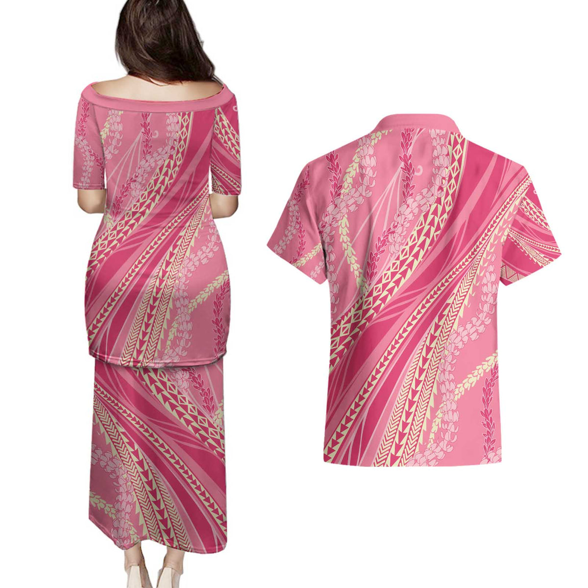 Polynesian Puakeniken Pikake Twisted Lei Couples Matching Puletasi and Hawaiian Shirt Rose Pink - Polynesian Pride