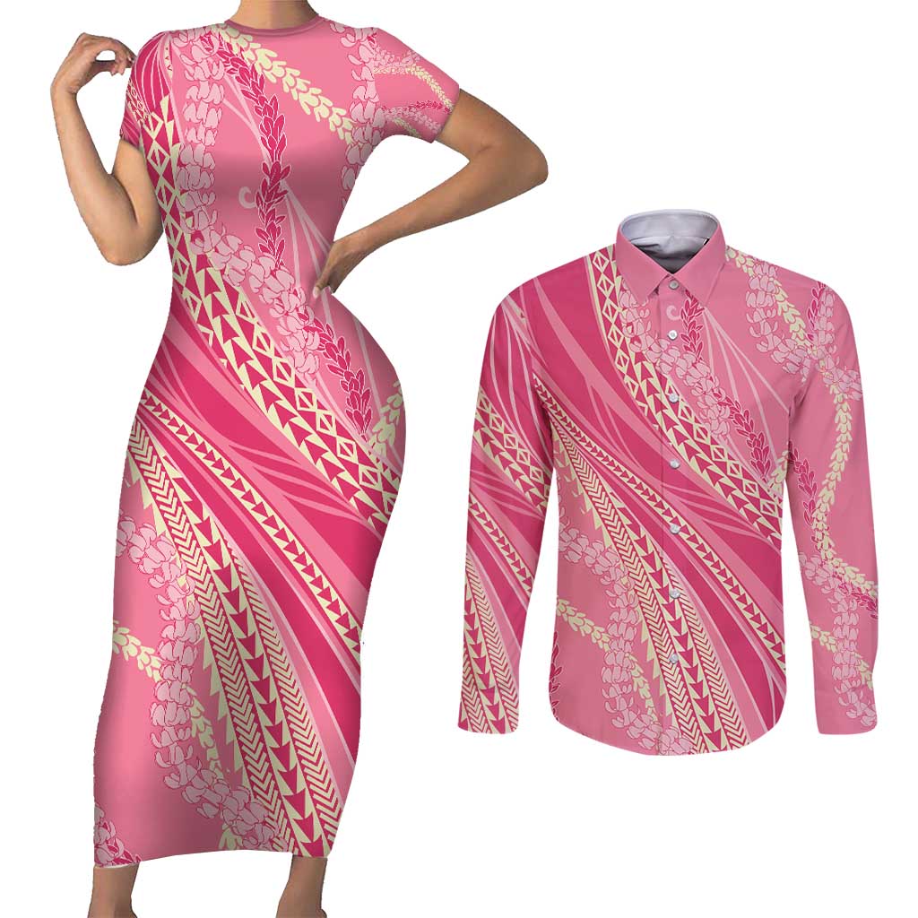 Polynesian Puakeniken Pikake Twisted Lei Couples Matching Short Sleeve Bodycon Dress and Long Sleeve Button Shirt Rose Pink - Polynesian Pride