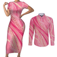 Polynesian Puakeniken Pikake Twisted Lei Couples Matching Short Sleeve Bodycon Dress and Long Sleeve Button Shirt Rose Pink - Polynesian Pride