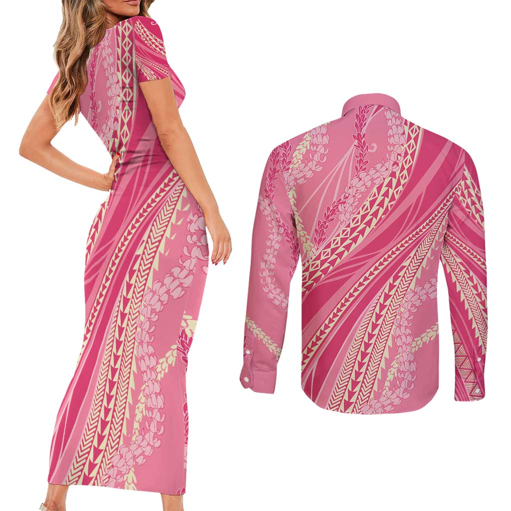 Polynesian Puakeniken Pikake Twisted Lei Couples Matching Short Sleeve Bodycon Dress and Long Sleeve Button Shirt Rose Pink - Polynesian Pride