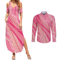 Polynesian Puakeniken Pikake Twisted Lei Couples Matching Summer Maxi Dress and Long Sleeve Button Shirt Rose Pink - Polynesian Pride