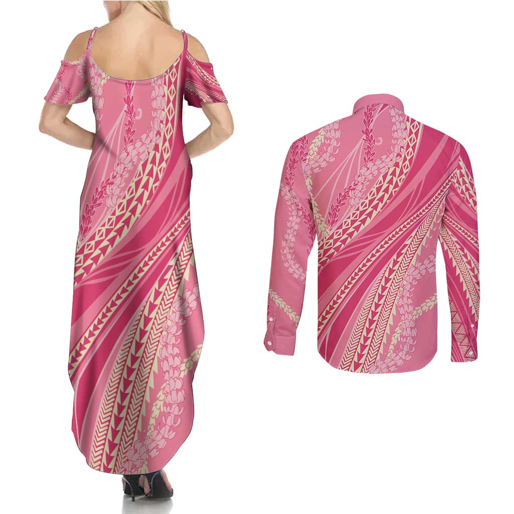 Polynesian Puakeniken Pikake Twisted Lei Couples Matching Summer Maxi Dress and Long Sleeve Button Shirt Rose Pink - Polynesian Pride