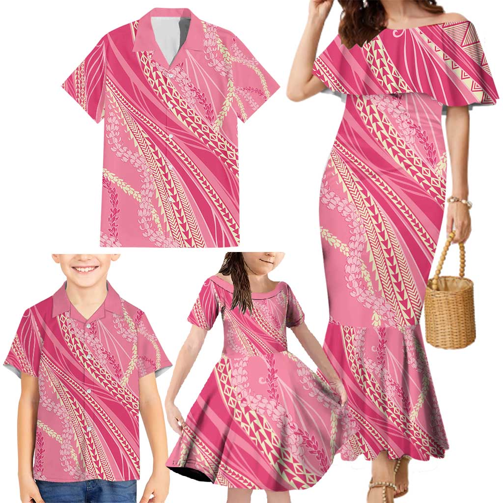 Polynesian Puakeniken Pikake Twisted Lei Family Matching Mermaid Dress and Hawaiian Shirt Rose Pink - Polynesian Pride