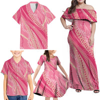 Polynesian Puakeniken Pikake Twisted Lei Family Matching Off Shoulder Maxi Dress and Hawaiian Shirt Rose Pink - Polynesian Pride