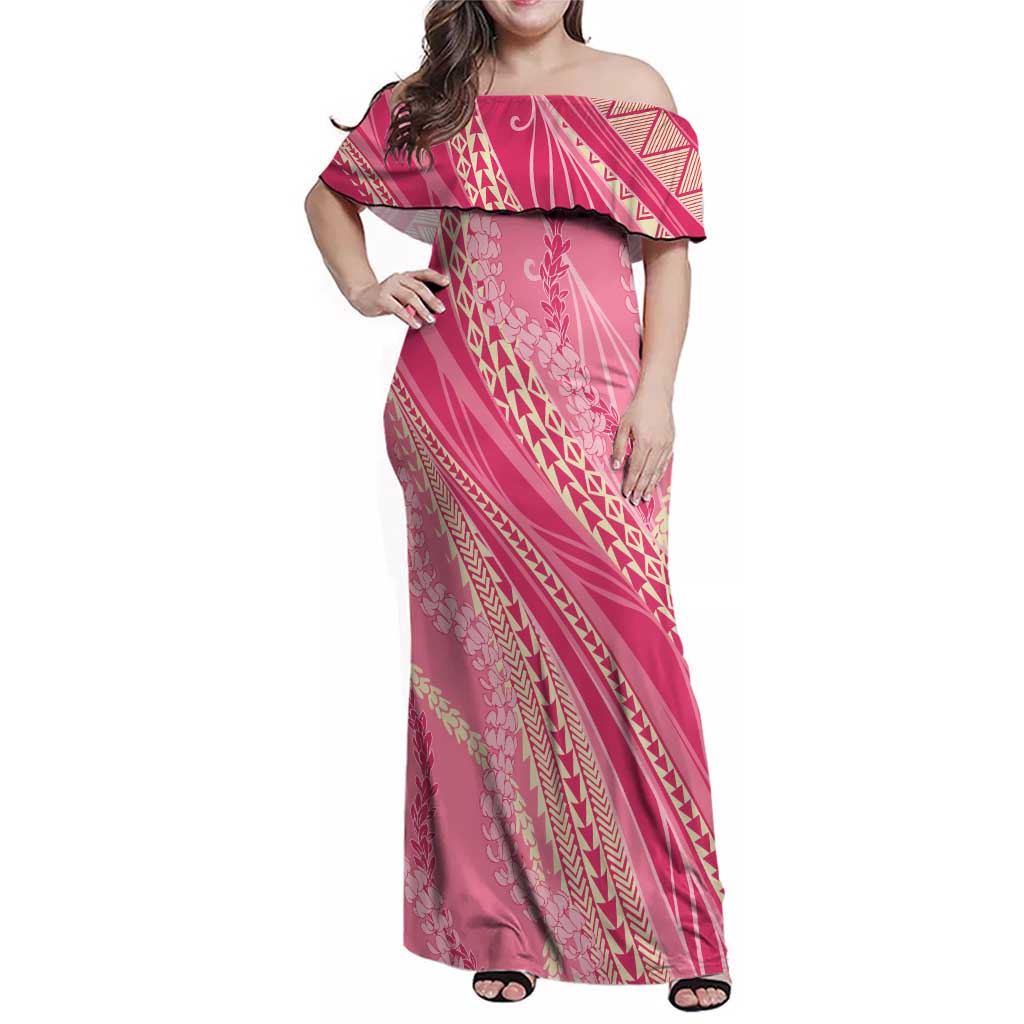 Polynesian Puakeniken Pikake Twisted Lei Family Matching Off Shoulder Maxi Dress and Hawaiian Shirt Rose Pink - Polynesian Pride