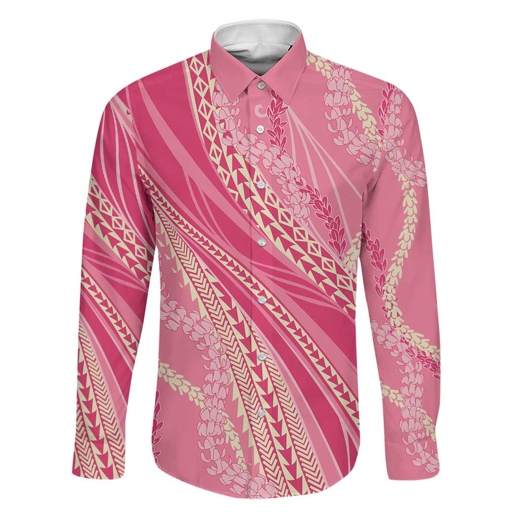 Polynesian Puakeniken Pikake Twisted Lei Family Matching Puletasi and Hawaiian Shirt Rose Pink LT7 Dad's Shirt - Long Sleeve Rose Pink - Polynesian Pride