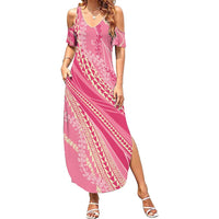 Polynesian Puakeniken Pikake Twisted Lei Family Matching Summer Maxi Dress and Hawaiian Shirt Rose Pink - Polynesian Pride