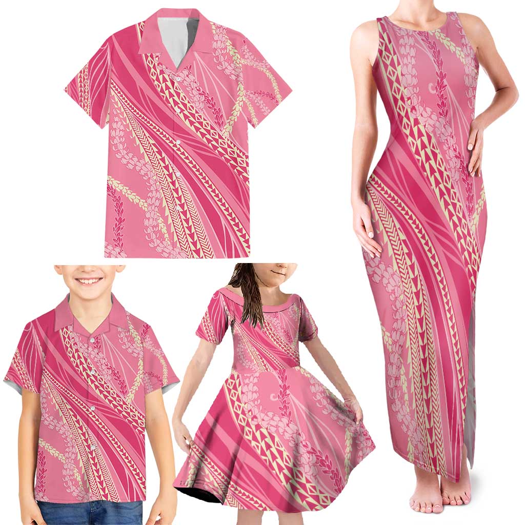 Polynesian Puakeniken Pikake Twisted Lei Family Matching Tank Maxi Dress and Hawaiian Shirt Rose Pink - Polynesian Pride