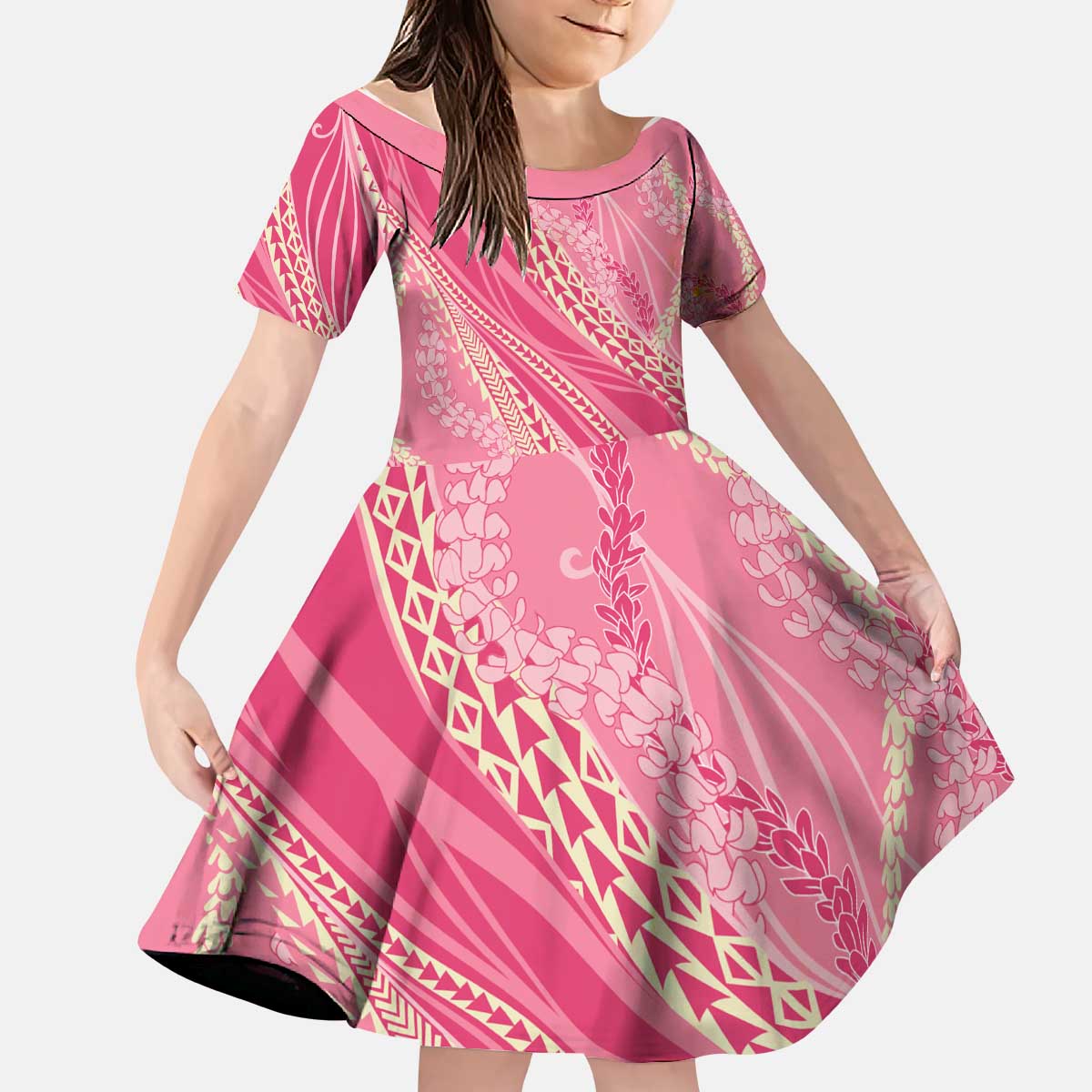 Polynesian Puakeniken Pikake Twisted Lei Kid Short Sleeve Dress Rose Pink - Polynesian Pride