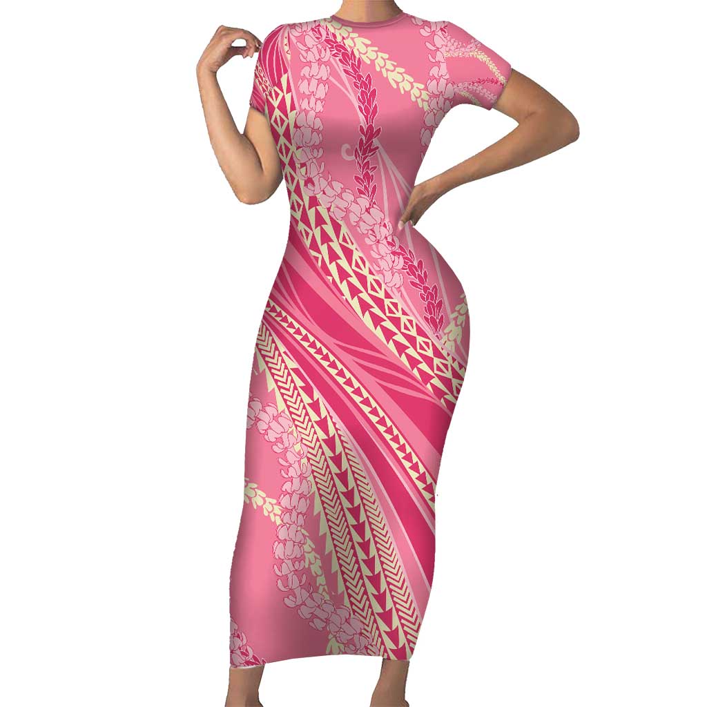 Polynesian Puakeniken Pikake Twisted Lei Short Sleeve Bodycon Dress Rose Pink - Polynesian Pride