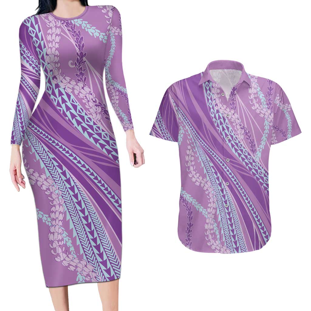 Polynesian Puakeniken Pikake Twisted Lei Couples Matching Long Sleeve Bodycon Dress and Hawaiian Shirt Amethys - Polynesian Pride