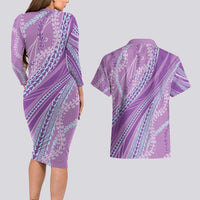 Polynesian Puakeniken Pikake Twisted Lei Couples Matching Long Sleeve Bodycon Dress and Hawaiian Shirt Amethys - Polynesian Pride
